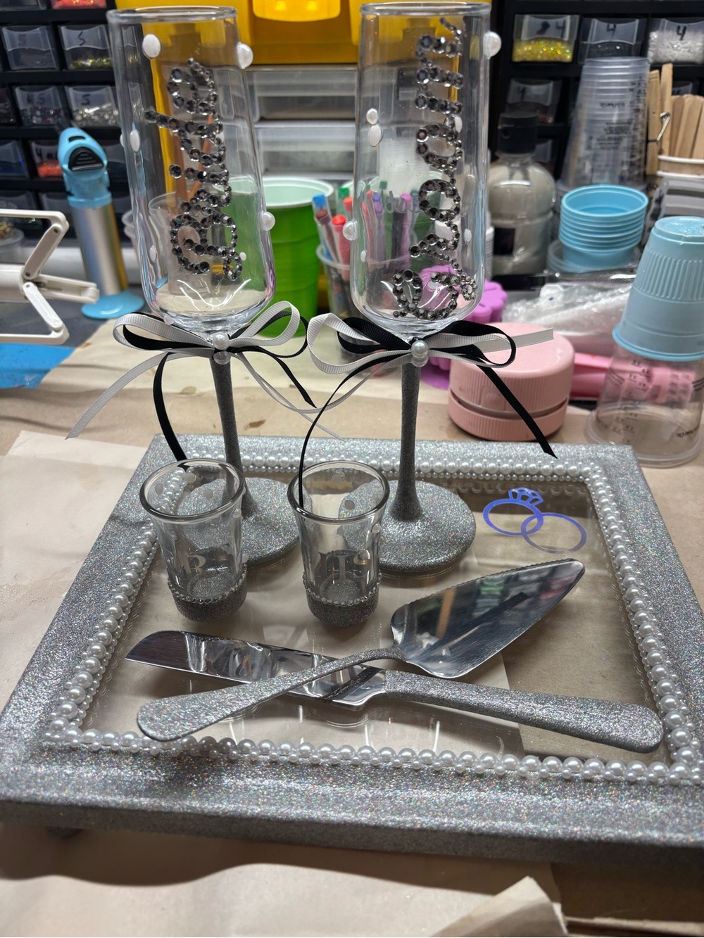 Silver Glitter Wedding Toast Set with Rhinestone Accents